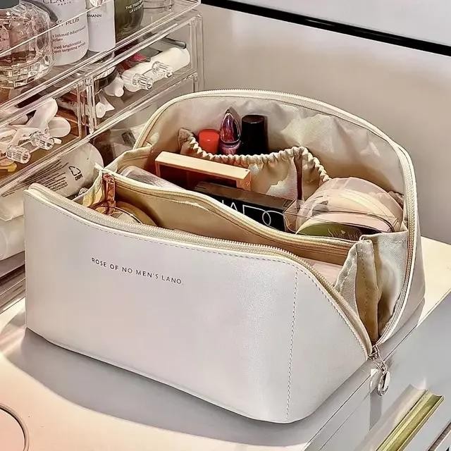 Bolsa de cosméticos de viaje de cuero PU grande para mujer organizador de...