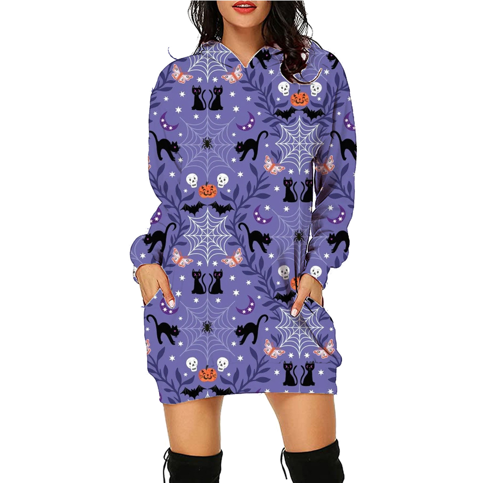 Women's Halloween Print Long Hoodie with Pockets Sweater Long Sleeve - Picture 45 of 55