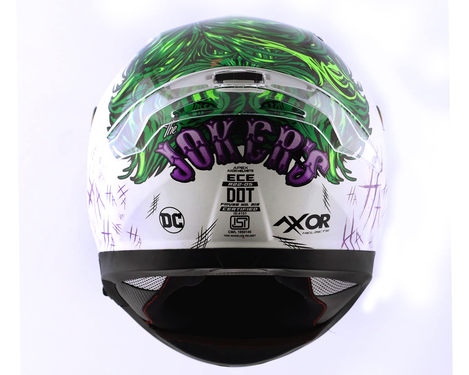 Casco de motocicleta Axor Apex "DC Joker" con visera azul iridio transparente y extra - Imagen 24 de 26