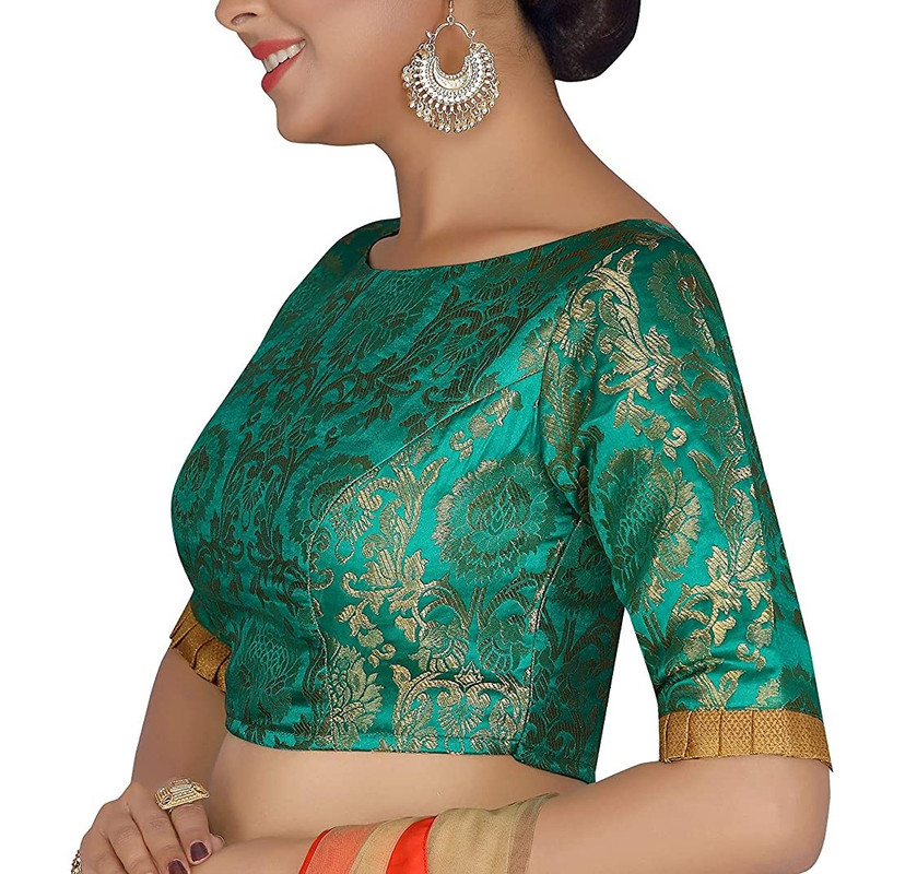 Brocade Saree Blouse Beautiful Lehenga Crop Top Ethnic Choli Boat Neck Partywear - Picture 47 of 110