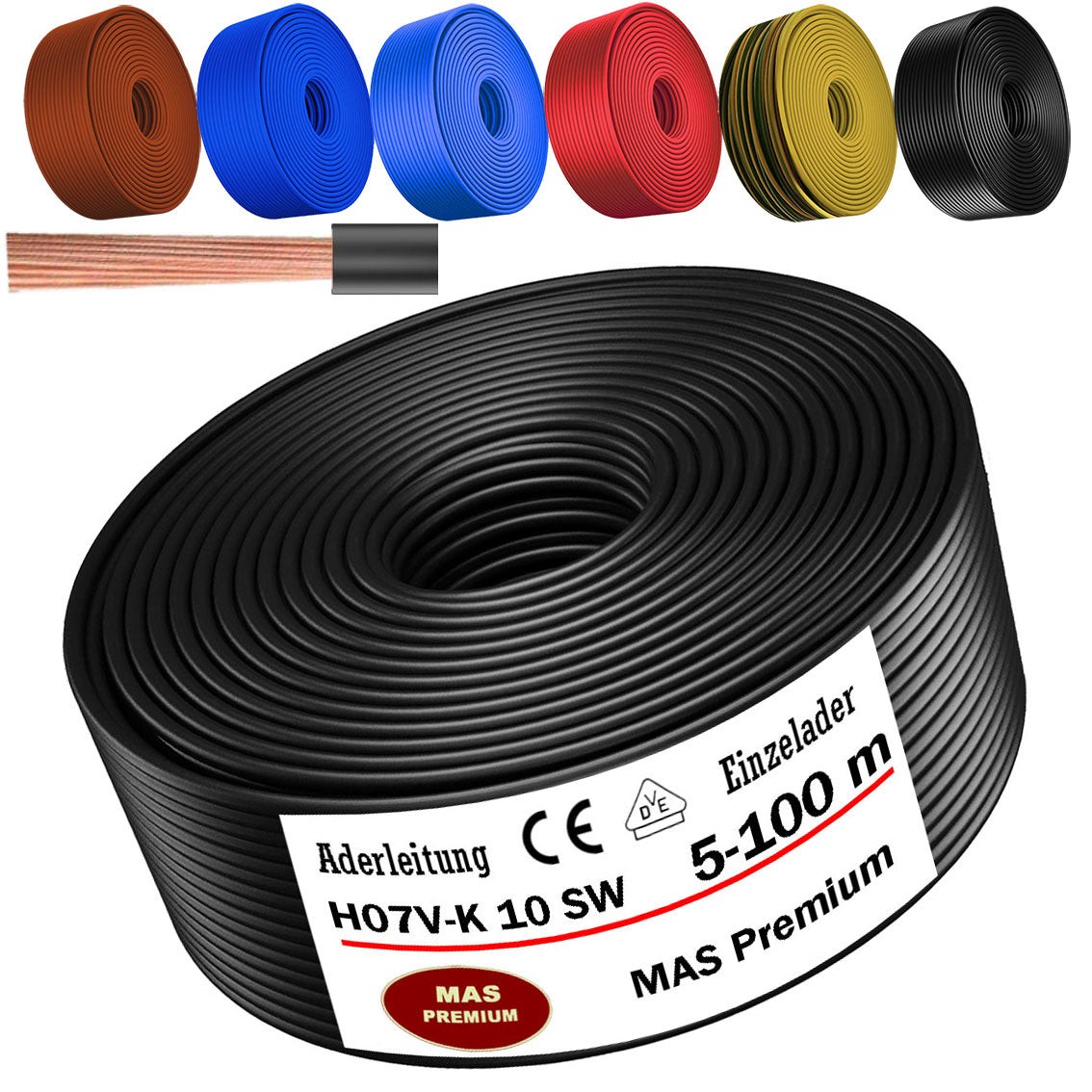 5-100m single-core cable H07V-K 10 fine stranded flexible