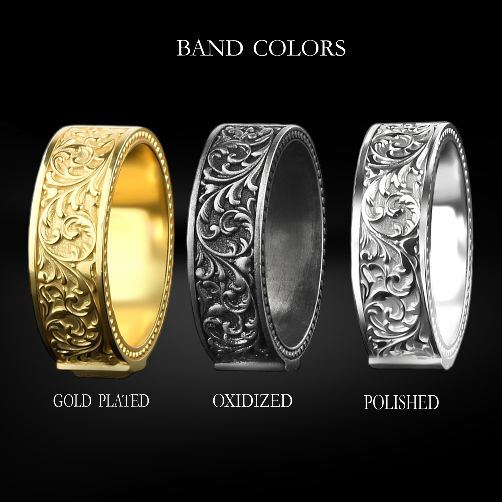 Wolf Moon Band Ring Sterling Silver Oxidized Howling Pack Crescent Men Jewelry - Product main view