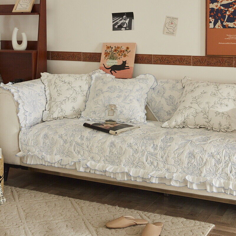 Romantic French Floral Cotton Blend Sofa Cover – Vintage Ruffle Couch Throw