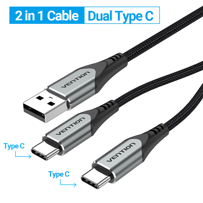 USB A 2.0 to Dual Type C Cable Fast Charger Durable Charger Cord Nylon Braided