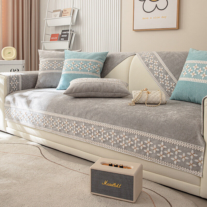 Embroidered Patchwork Sofa Cover Cotton Blend Anti Slip