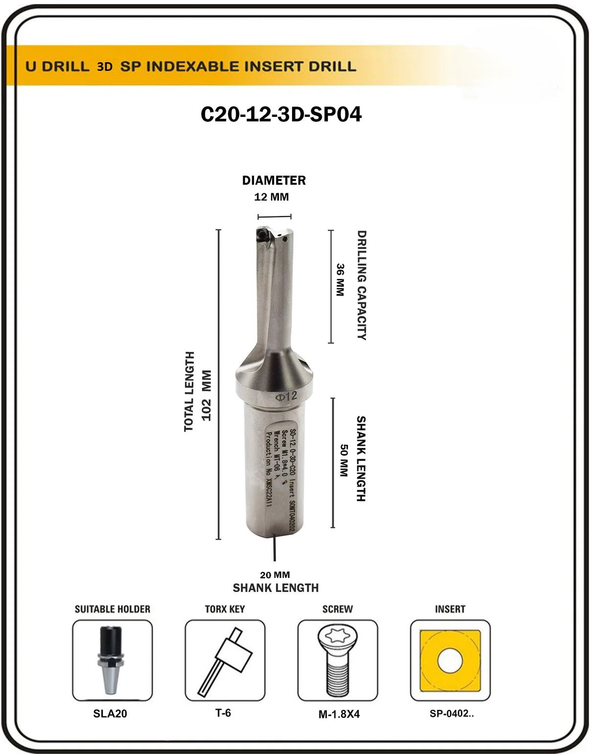 Inserto indicizzabile 12MM U trapano, gambo saldato, liquido di raffreddamento passante, 10 inserti in carburo - Foto 5 di 5