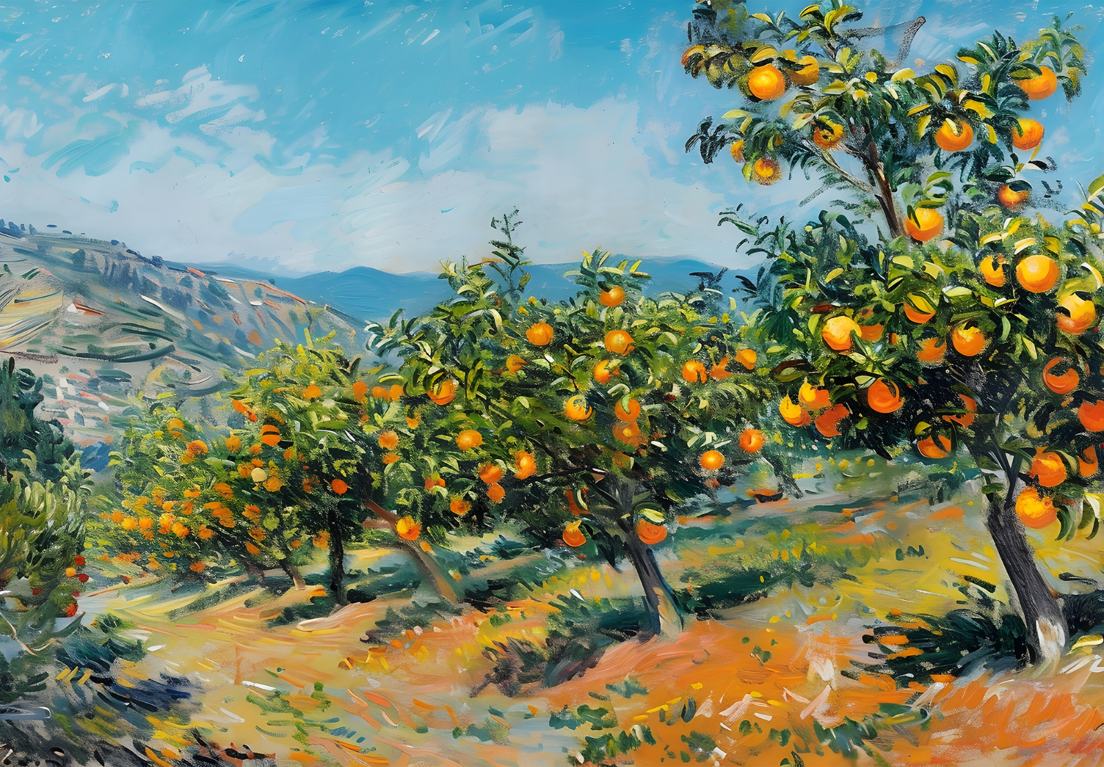 Orange Grove Poster – Vibrant Orchard Wall Art – 16×12/20×16/24×18/36×24