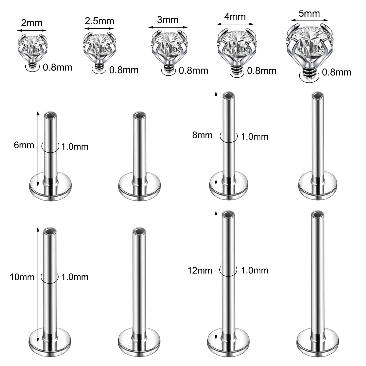 16g/18g Surgical Steel Labret Lip Stud CZ Cartilage Earring Lip Piercing Jewelry - Picture 30 of 32