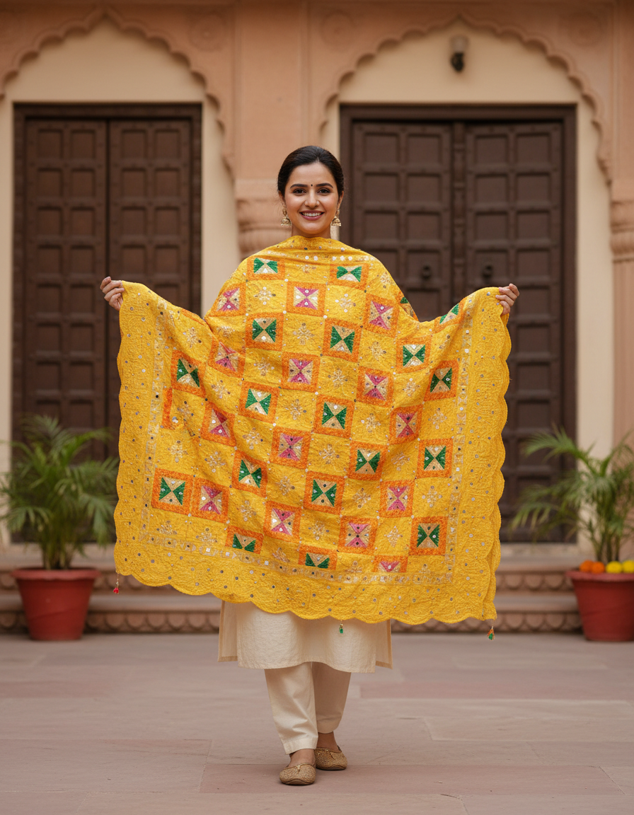 Warm Worth Chinon Dupatta Antique Bagh Phulkari Embroidery for Womens & Girls