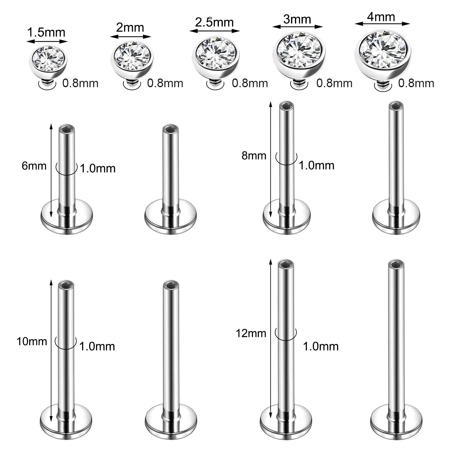 16g/18g Surgical Steel Labret Lip Stud CZ Cartilage Earring Lip Piercing Jewelry - Picture 28 of 32