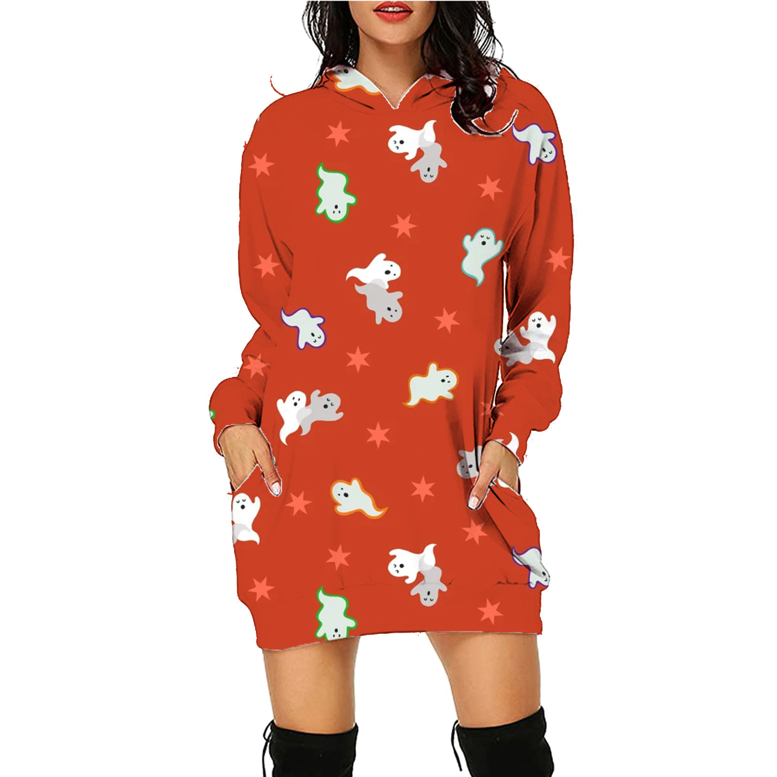 Women's Halloween Print Long Hoodie with Pockets Sweater Long Sleeve - Picture 10 of 55