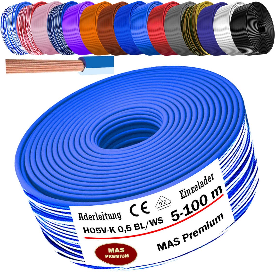 5-100m single-core cable H05V-K 0.5 mm², fine-stranded, flexible