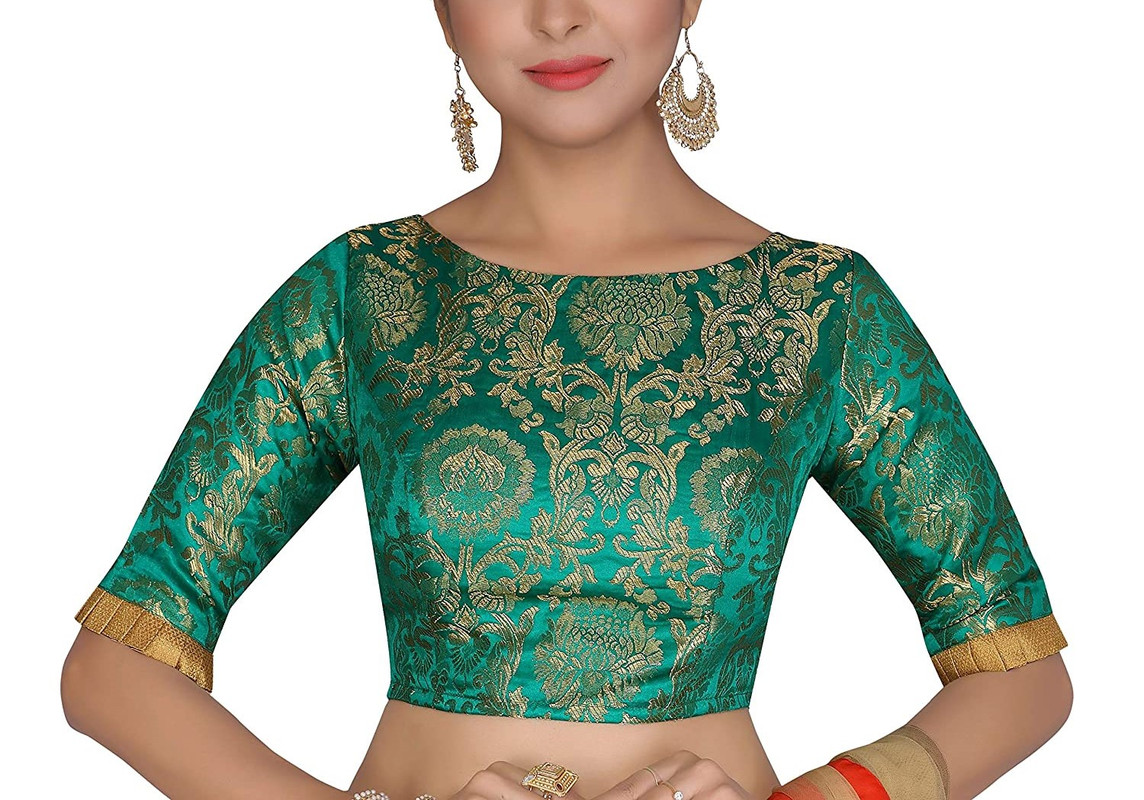 Brocade Saree Blouse Beautiful Lehenga Crop Top Ethnic Choli Boat Neck Partywear - Picture 42 of 110