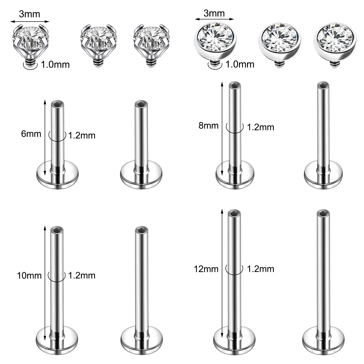 16g/18g Surgical Steel Labret Lip Stud CZ Cartilage Earring Lip Piercing Jewelry - Picture 31 of 32