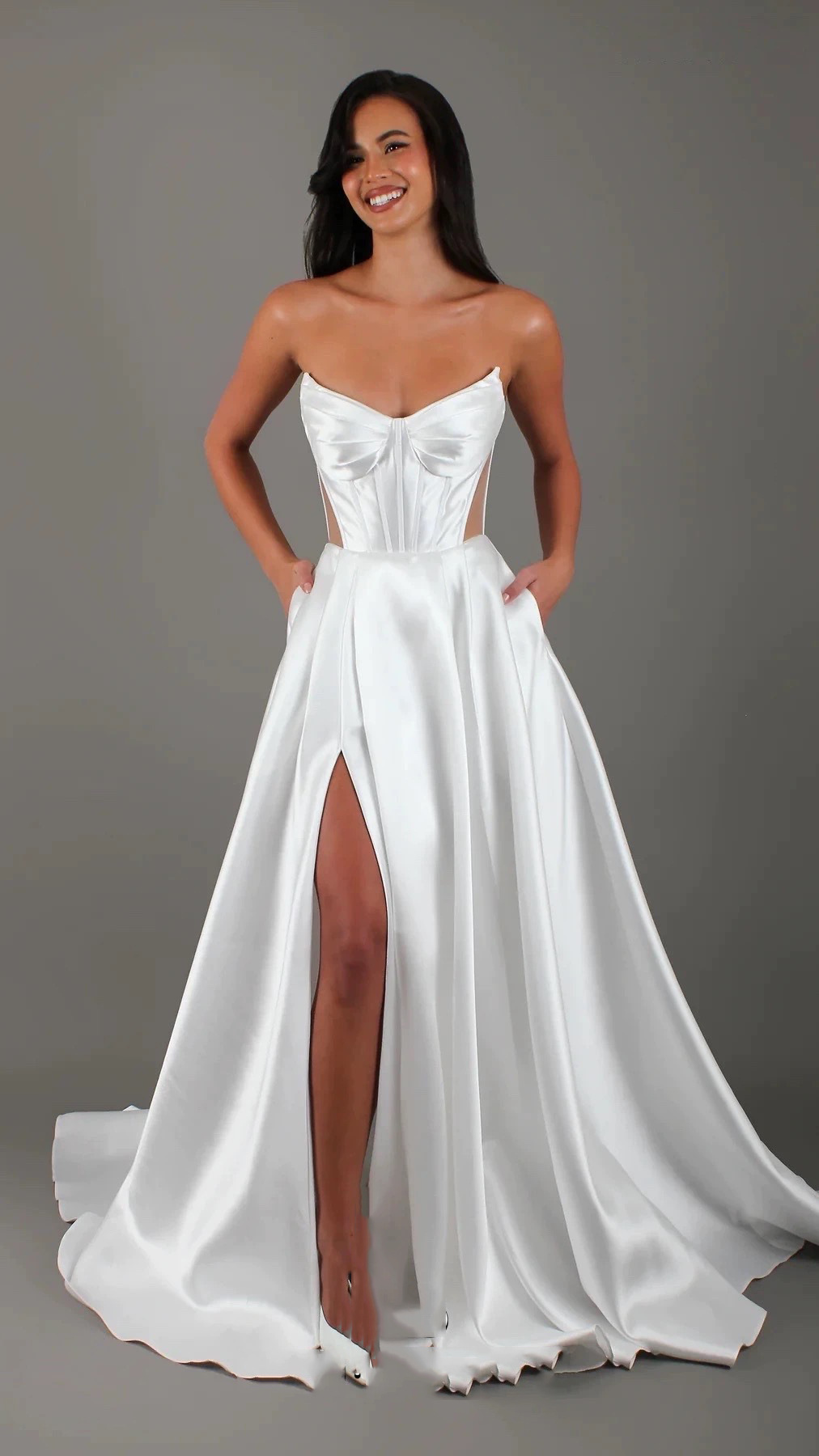 White Satin Slit Pocket Bandage Wedding Dress - Picture 27 of 28