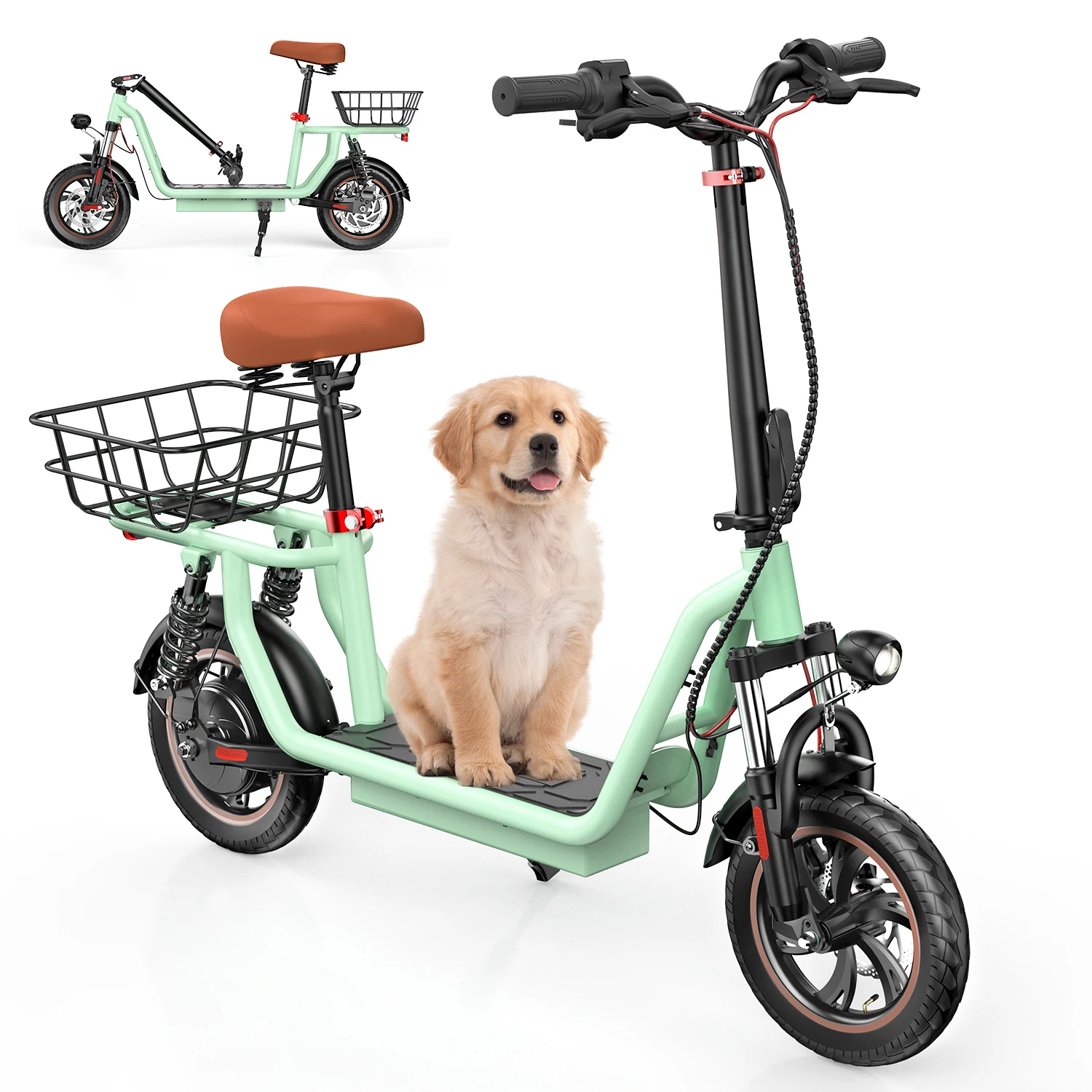 Electric scooter with seat and basket, 12 inches, 500W, foldable, battery