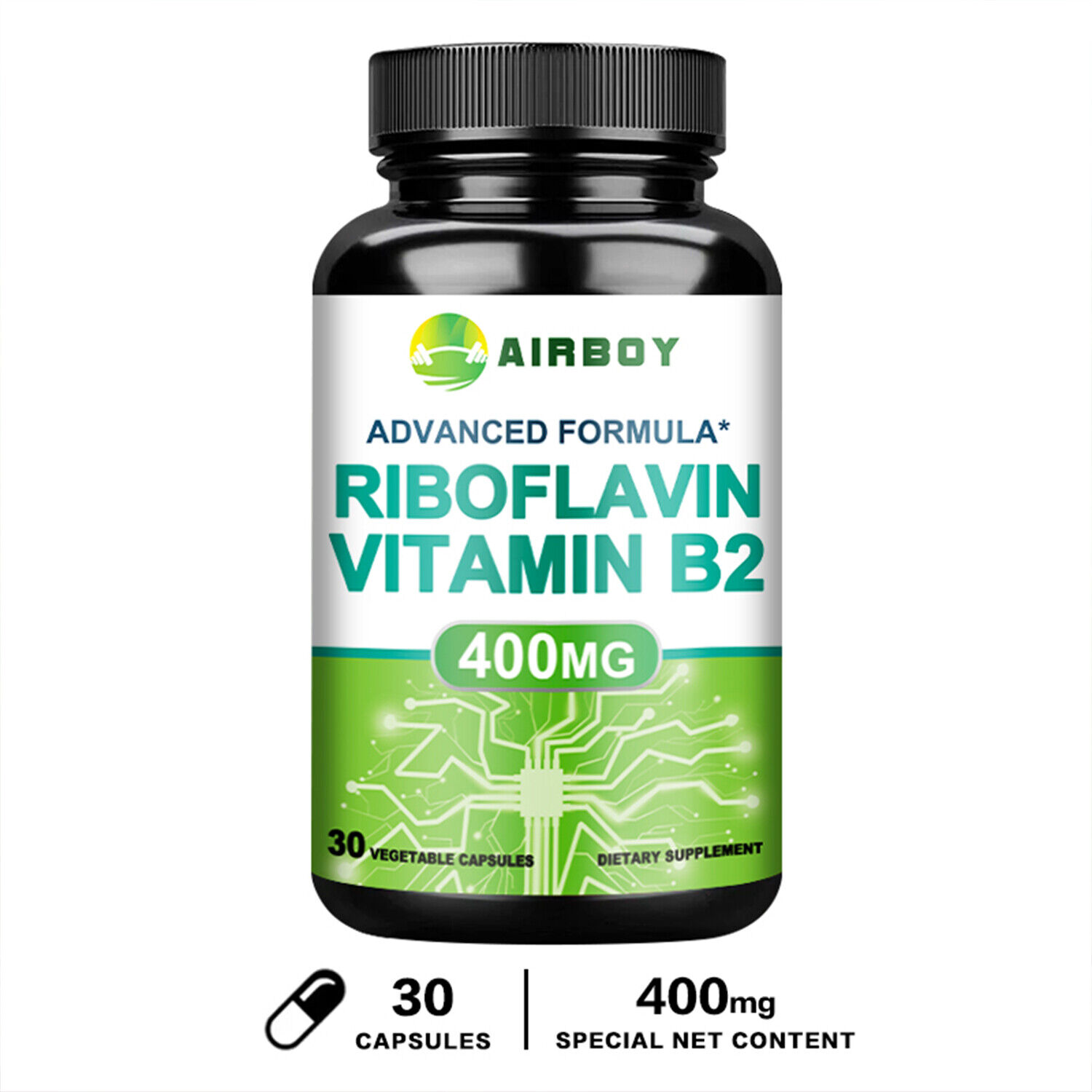 Riboflavin Vitamin B2 400mg Capsules-Natural Energy Booster,Gluten Free,Non-GMO