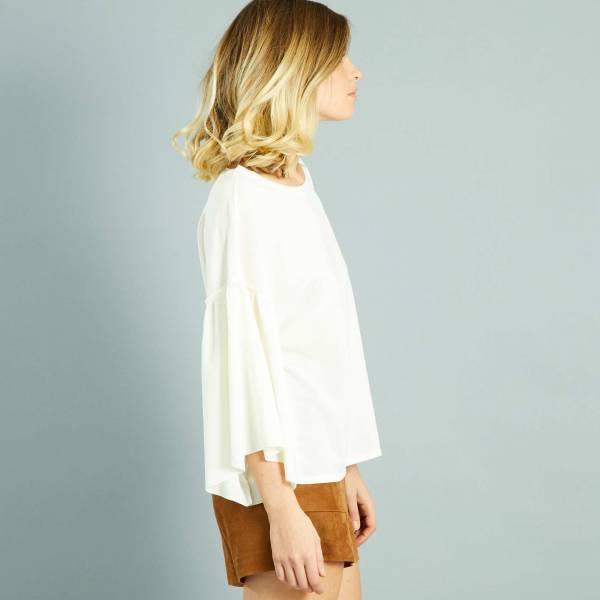 Kiabi Women's T-shirt ML Xl Ecru Brown Ruffle Sleeves Boat Neck Blouse
