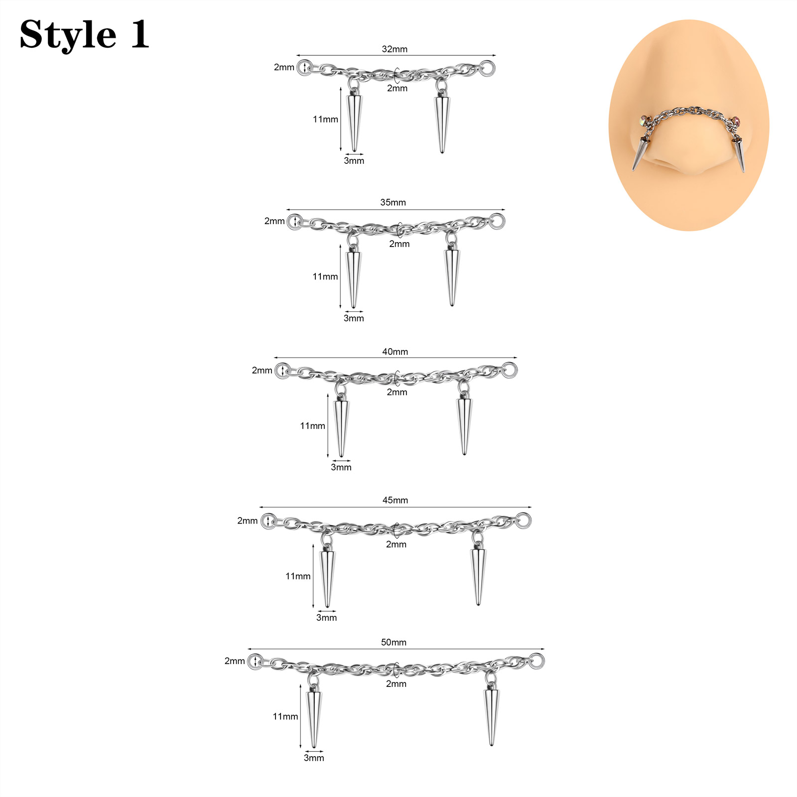 5Pcs Stainless Steel Nose Chain Double Nostril Piercing for Women Men Jewelry - Picture 22 of 104