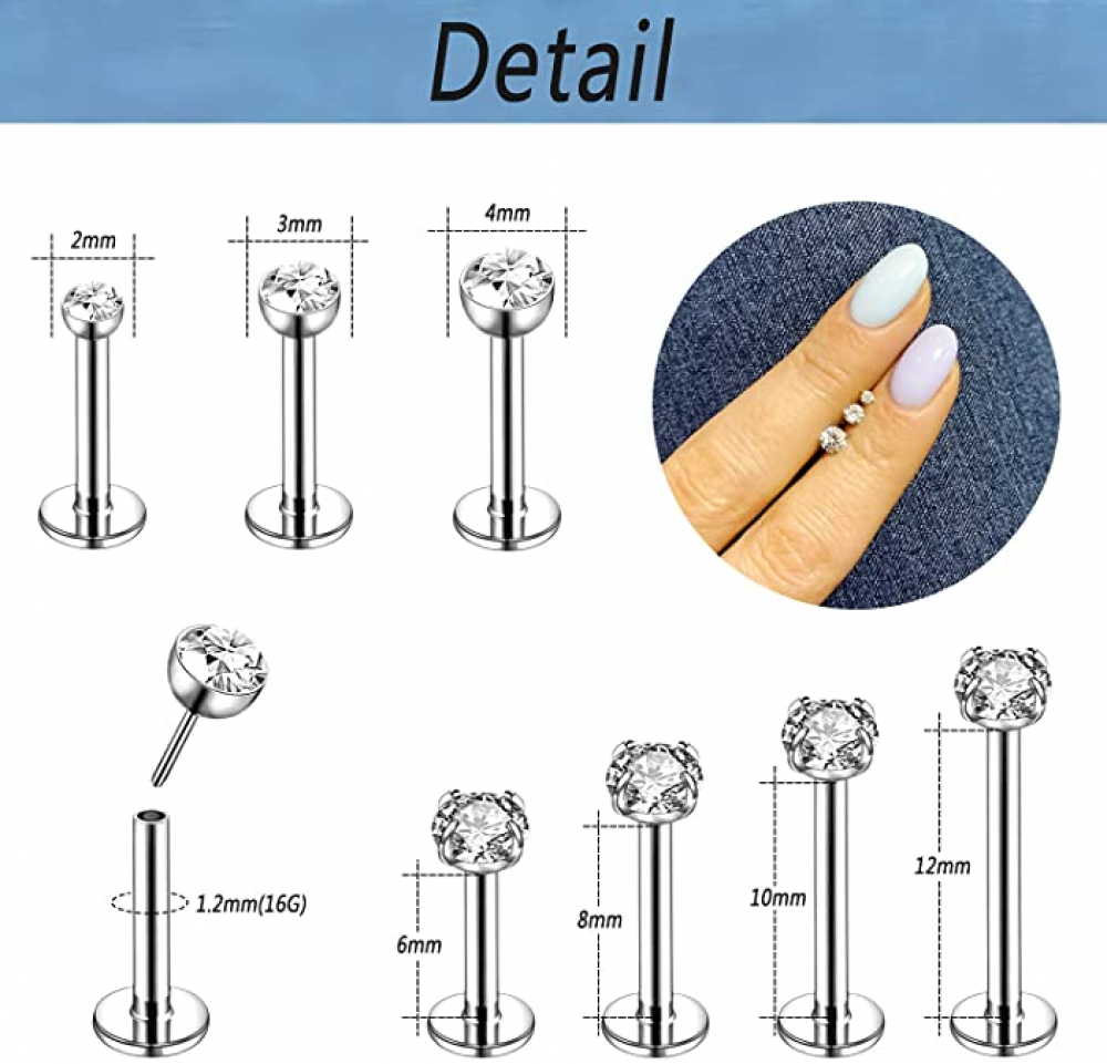 12Pcs 16G Threadless Lip Studs Stainless Steel CZ Helix Earring Labret Piercing - Picture 19 of 53