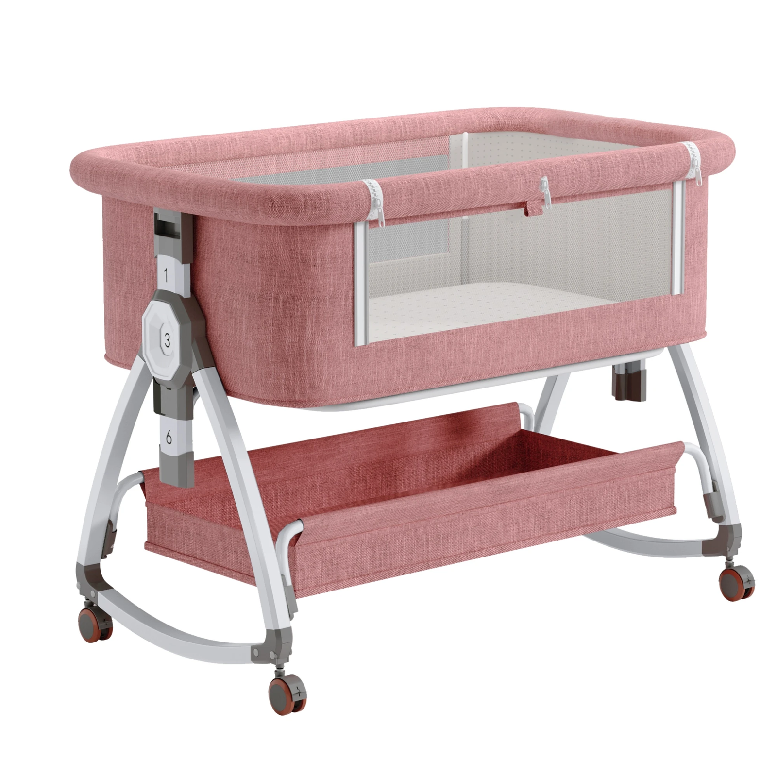 5-in-1 baby bed with adjustable height, cradle function and storage basket