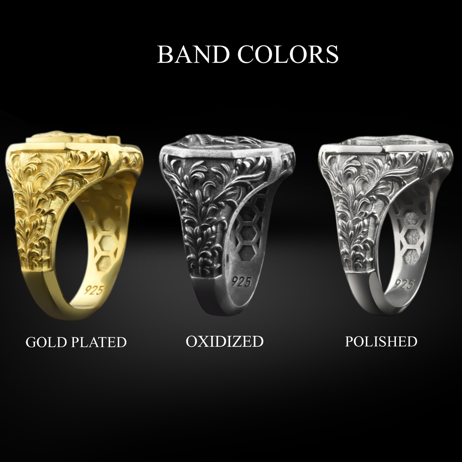 Twin Wolf Signet Ring Sterling Silver Animal Nature Engraved Men Jewelry Gift - Product main view