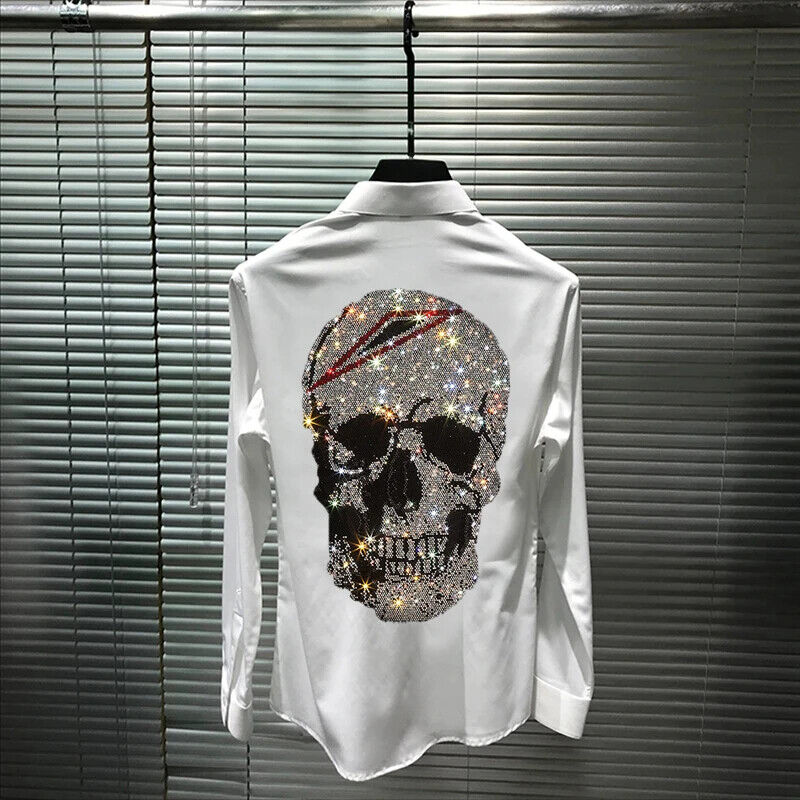 New Men Fashion Skull Rhinestones Hot Diamond Long Sleeve Lapel Button Shirt