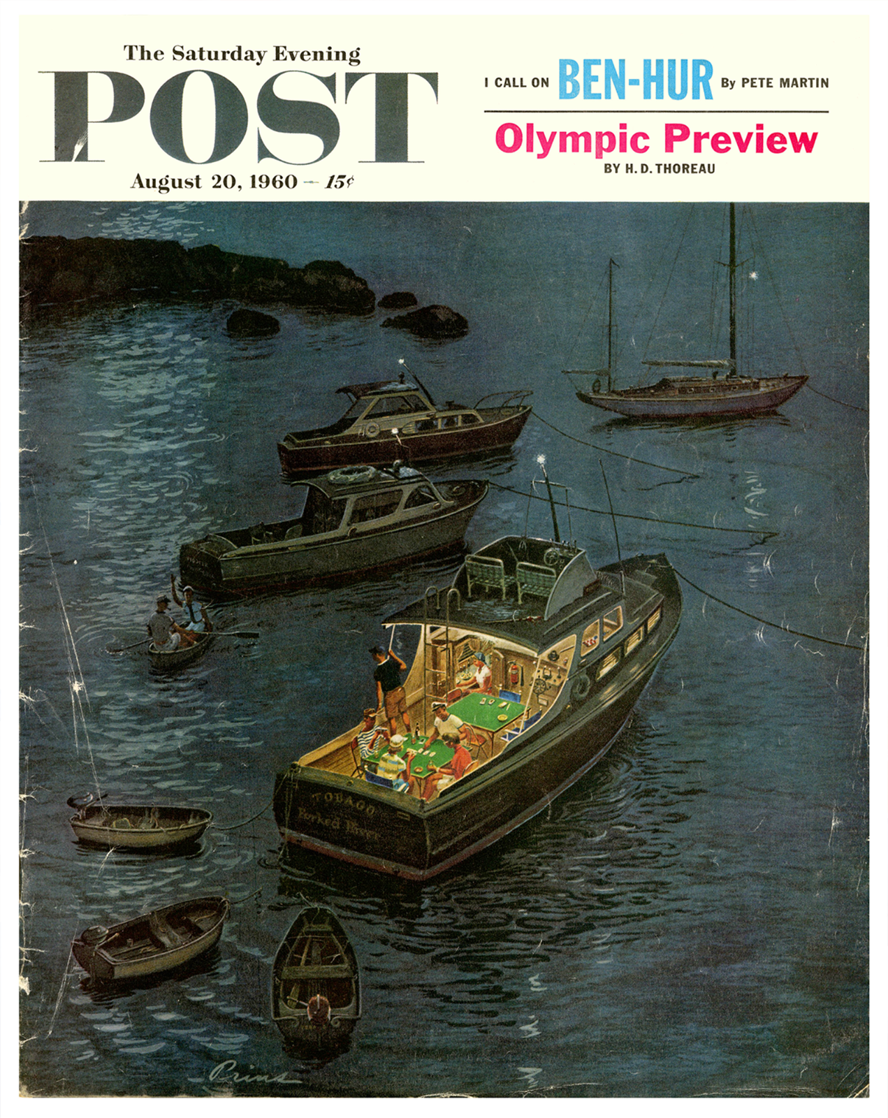 1960 Boating Poker Scene Poster Saturday Evening Yatch - 12X16/16X20/18X24/24X36