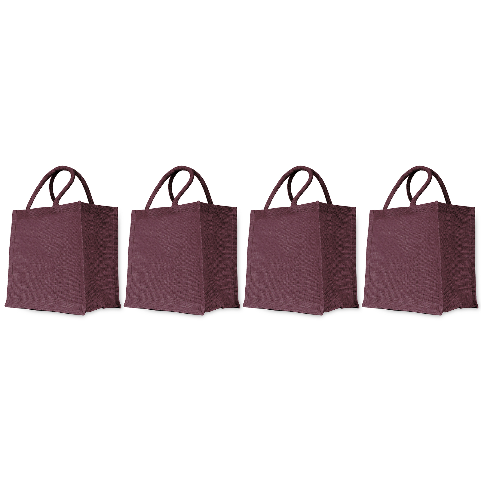 4 Jute Reusable Shopping Bags – Deep Red, Pink, Green, Orange 12″x12″x8″