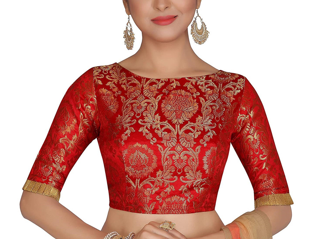 Brocade Saree Blouse Beautiful Lehenga Crop Top Ethnic Choli Boat Neck Partywear - Picture 108 of 110