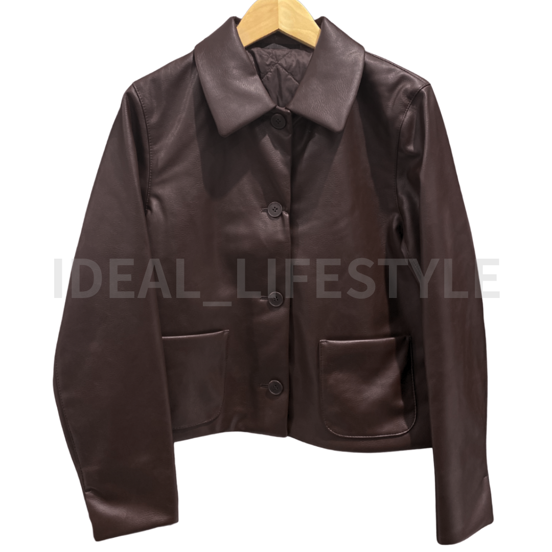 UNIQLO Coated Short Jacket S-3XL Black/Dark Brown Faux Leather Women 480060 NWT