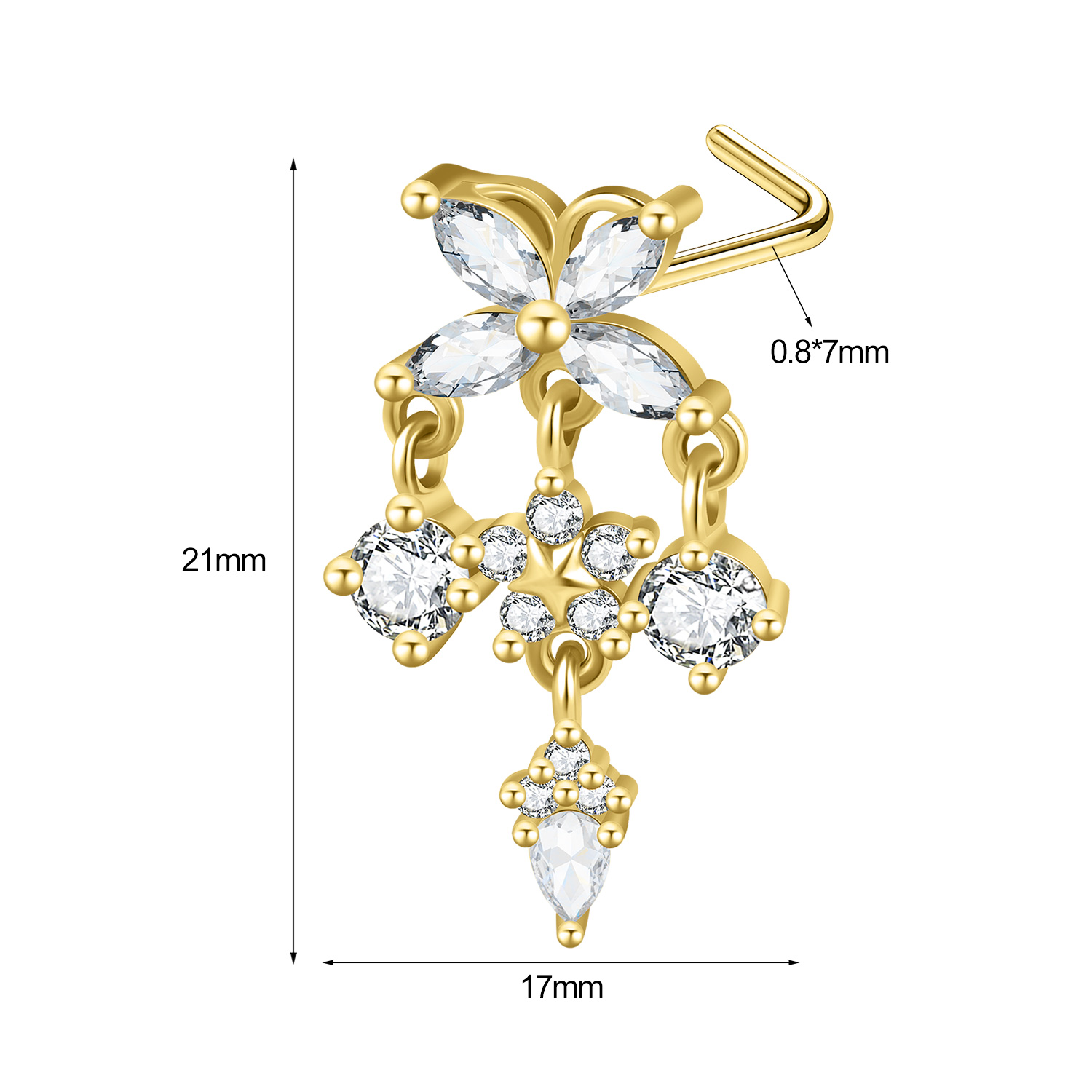1 Pc 20G Stainless Steel L-Shape Nose Studs CZ Dangle Nostril Piercing Jewelry - Picture 113 of 117