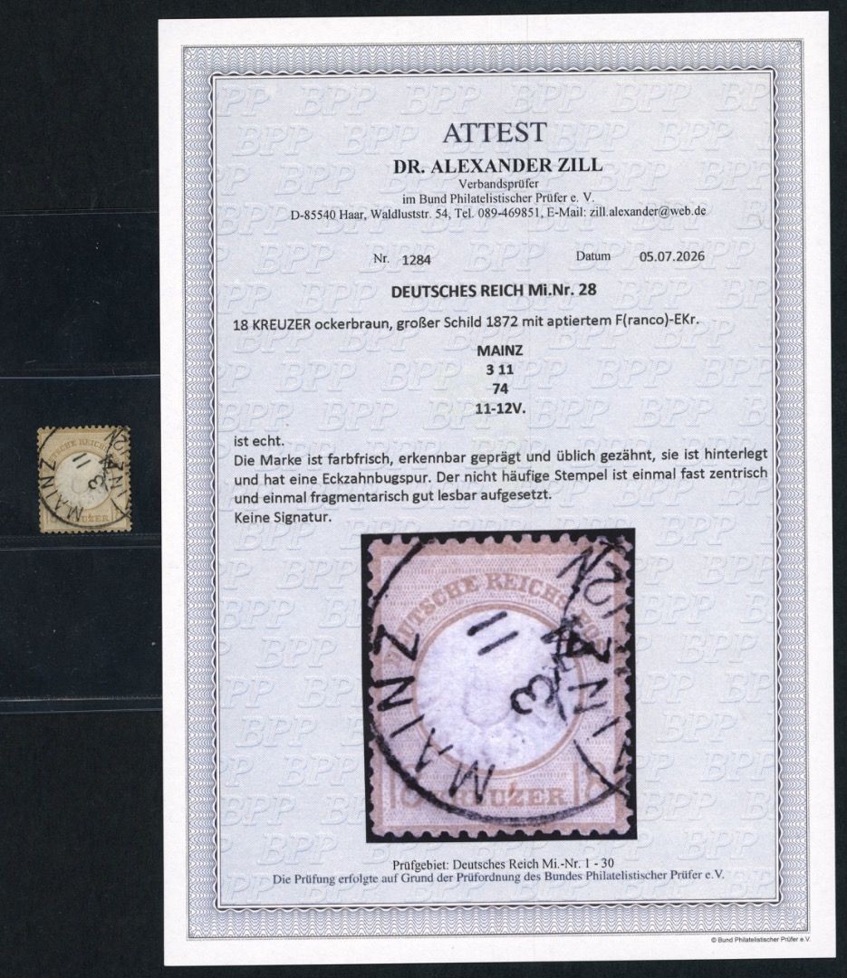 German Reich breastplate Michel number 28 stamped certificate adapted St. Mainz