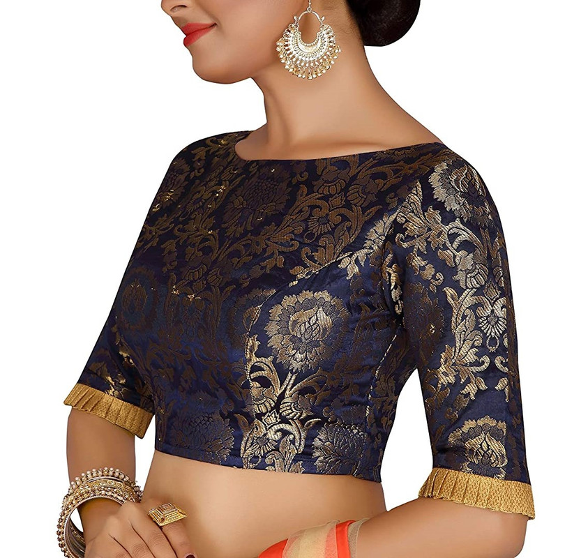 Brocade Saree Blouse Beautiful Lehenga Crop Top Ethnic Choli Boat Neck Partywear - Picture 95 of 110