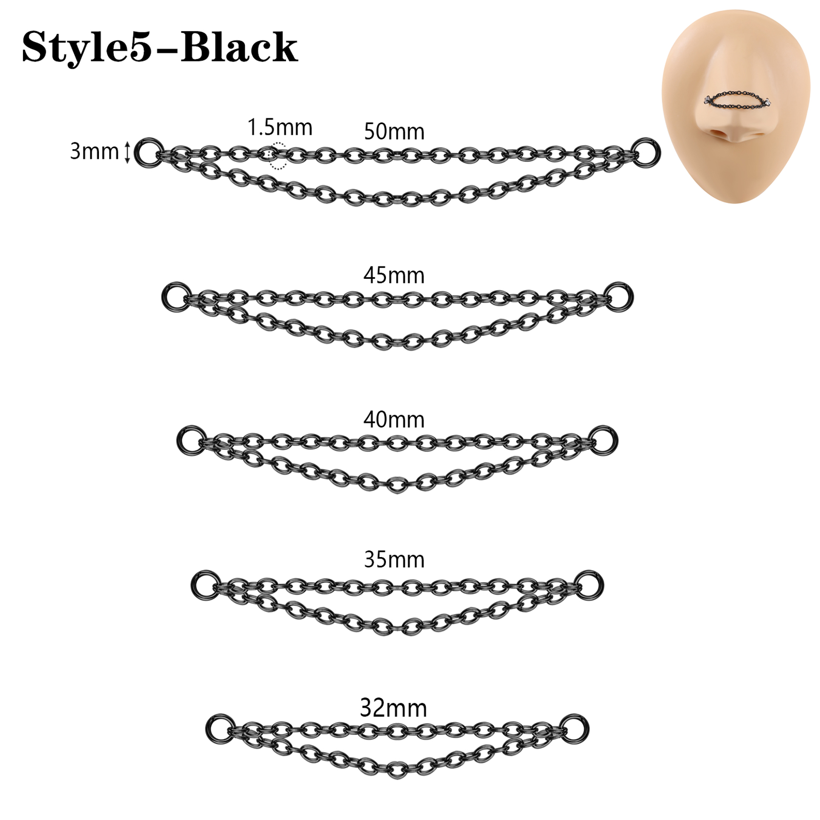 5Pcs Stainless Steel Nose Chain Double Nostril Piercing for Women Men Jewelry - Picture 58 of 104