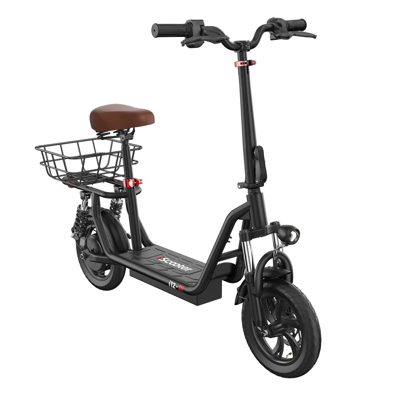 Electric scooter with seat and basket, 12 inches, 500W, foldable, battery