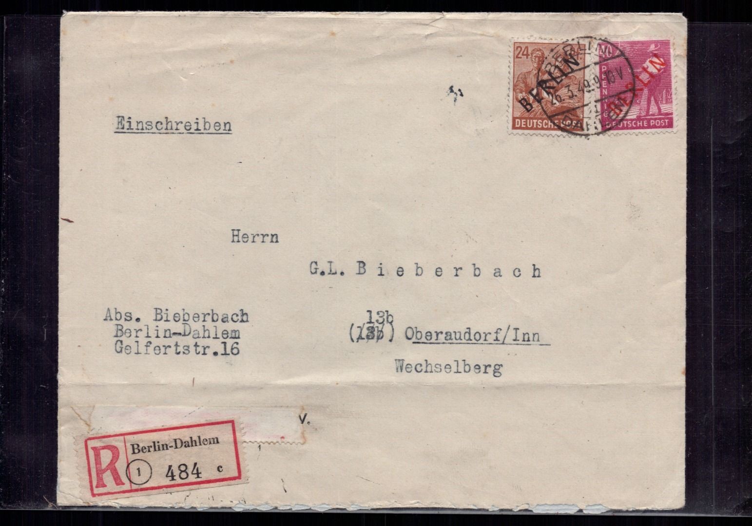 Berlin black and red printing, registered letter to Oberaudorf am Inn, 1949