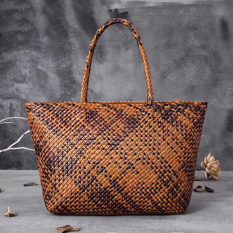 Large Genuine Leather Tote Bag, Woven Leather Handbag
