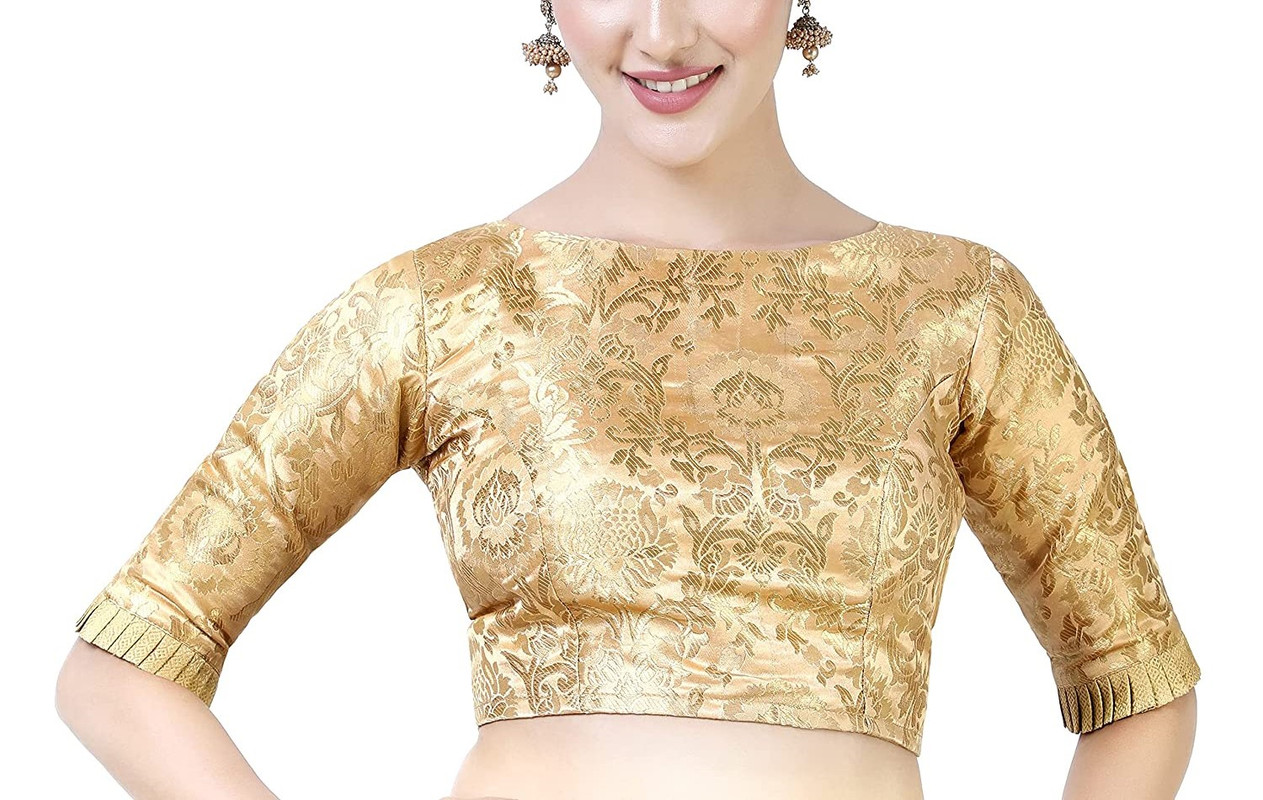 Brocade Saree Blouse Beautiful Lehenga Crop Top Ethnic Choli Boat Neck Partywear - Picture 59 of 110
