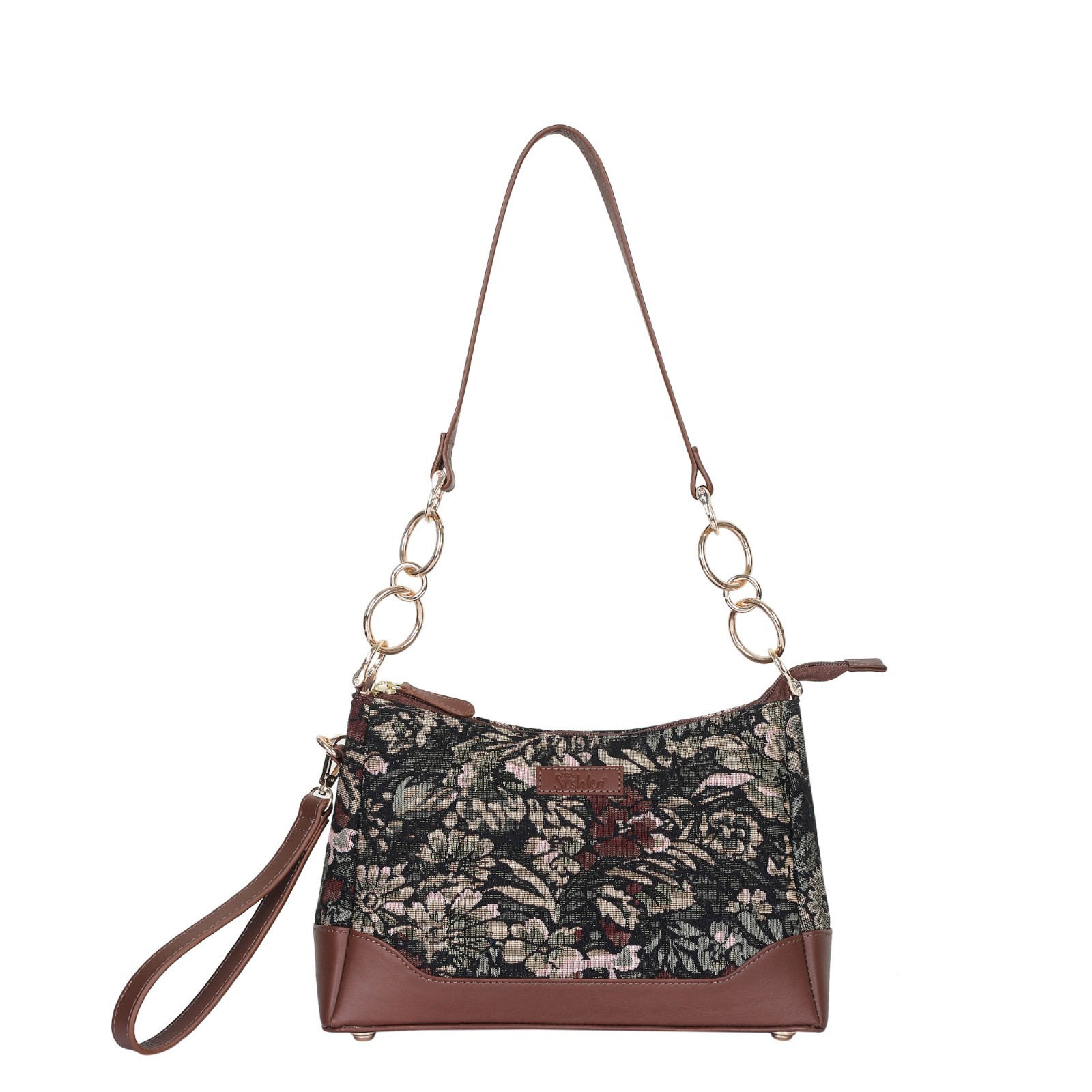 Women’s Tapestry Shoulder Bag – Leather Trim Satchel with Chain Handle