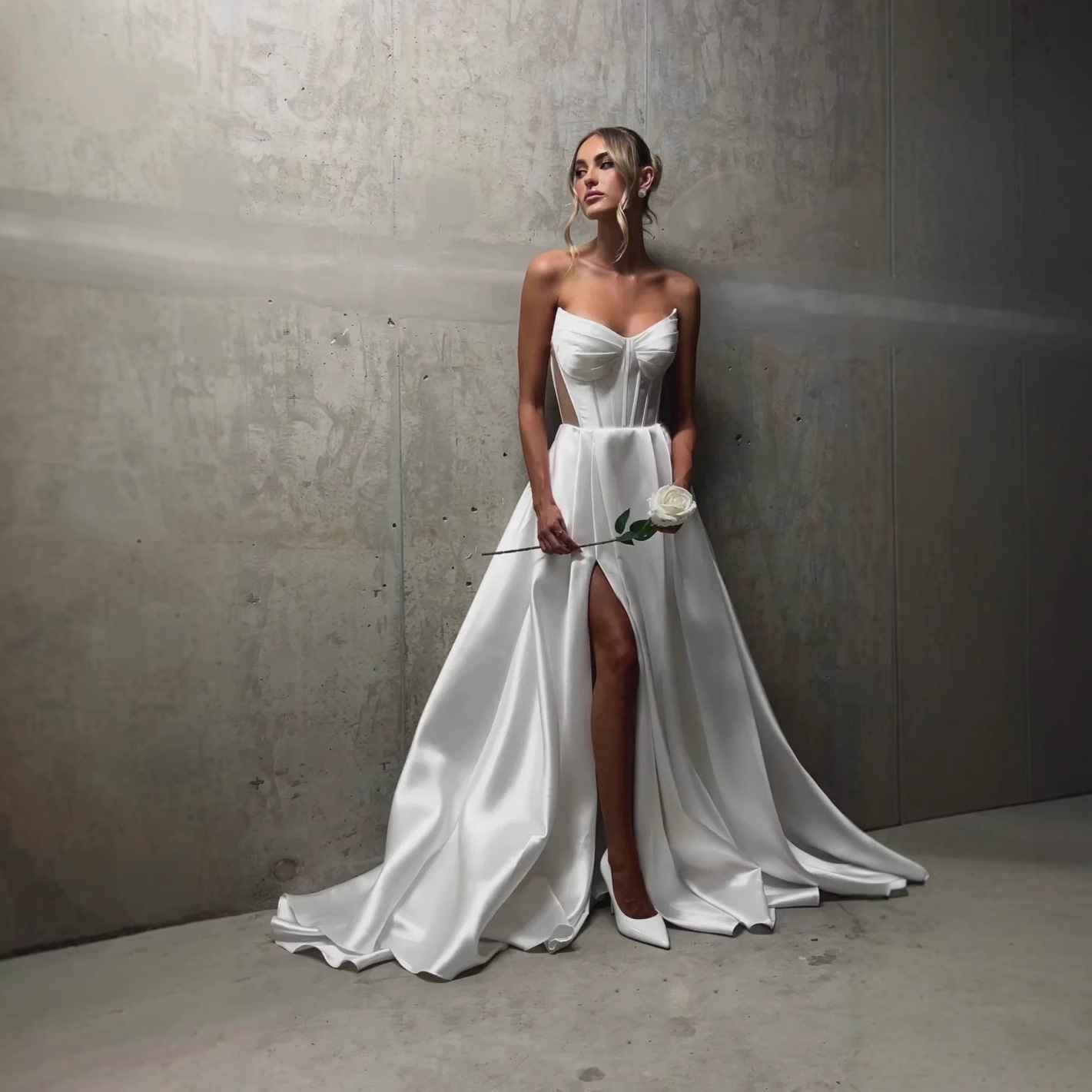 White Satin Slit Pocket Bandage Wedding Dress - Picture 13 of 28