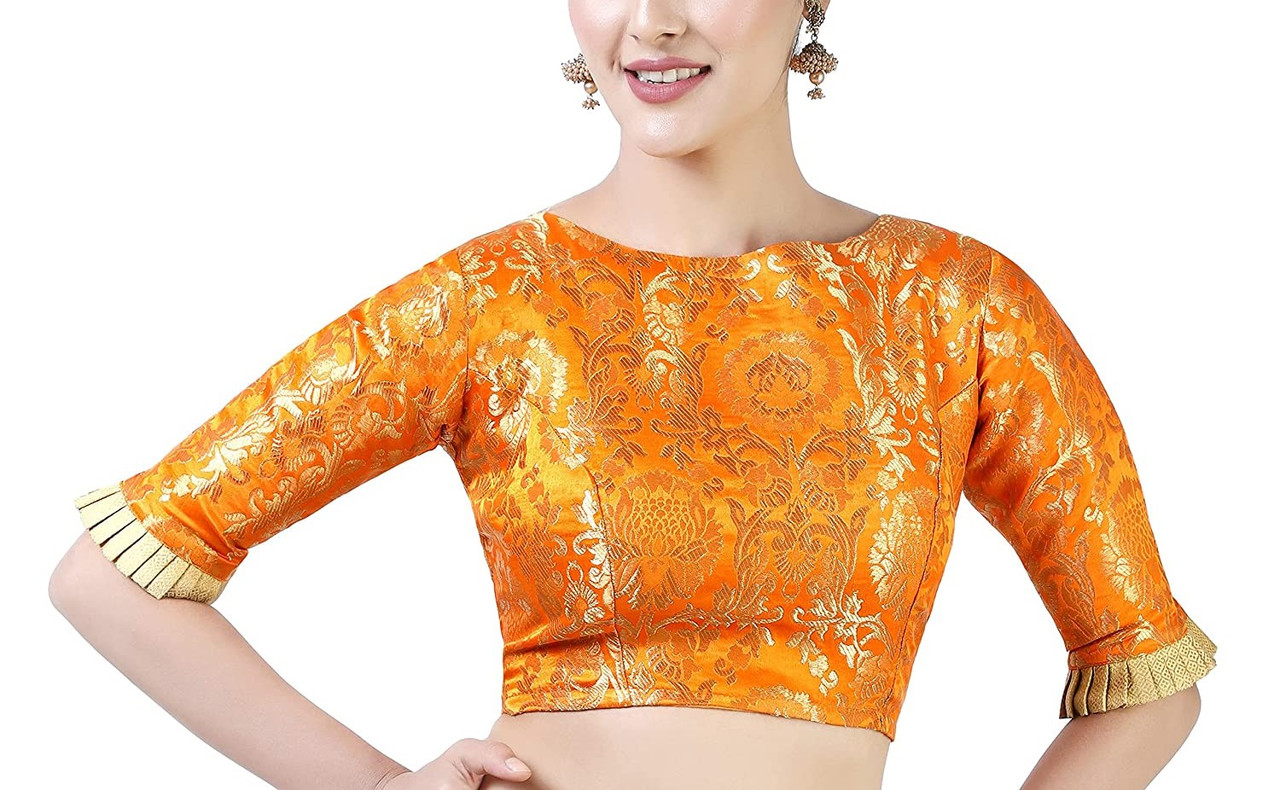 Brocade Saree Blouse Beautiful Lehenga Crop Top Ethnic Choli Boat Neck Partywear - Picture 66 of 110