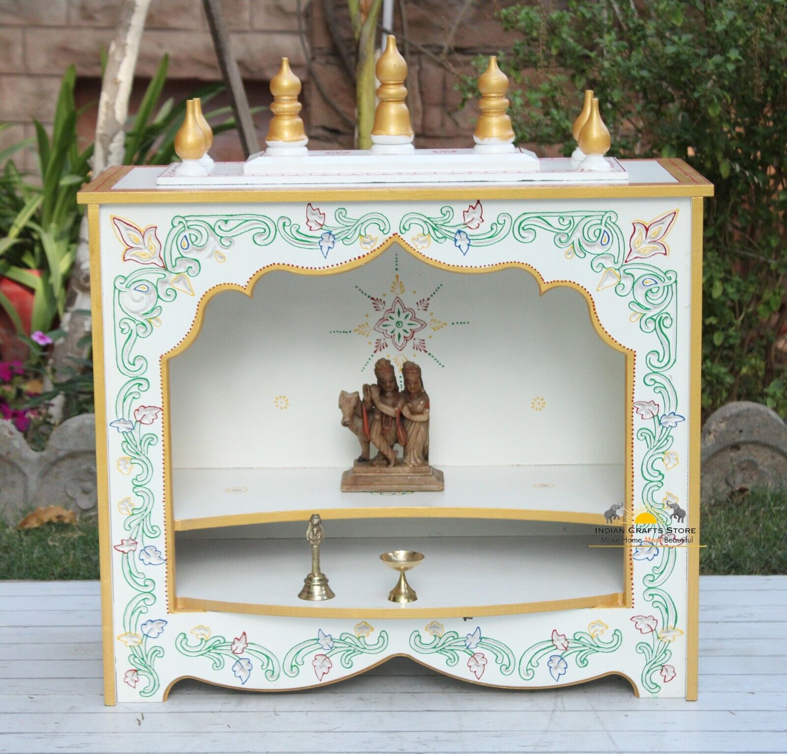White Wooden Temple 26” Handcrafted Hindu Ethnic Pooja Mandir Home Decor Altar