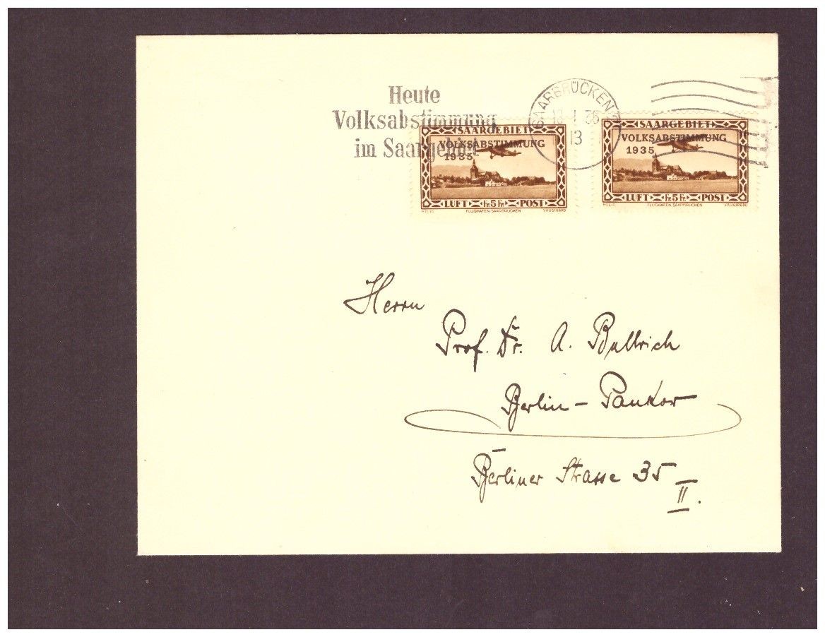 Letter Saargebiet Saarbrücken – Referendum + SST Referendum 13.1.1935