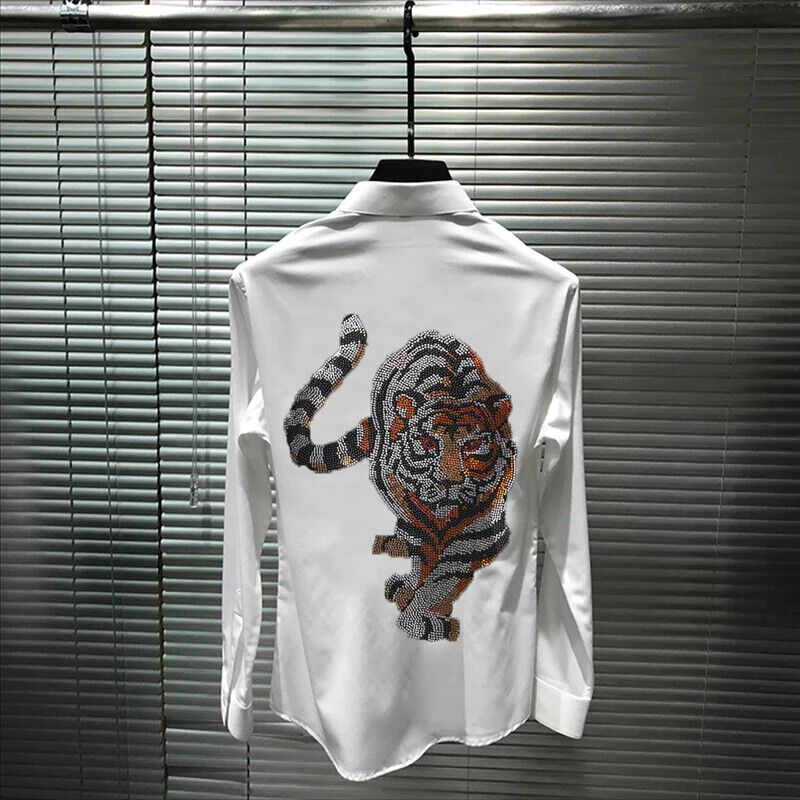 New Men Fashion Tiger Rhinestones Hot Diamond Long Sleeve Lapel Button Shirt