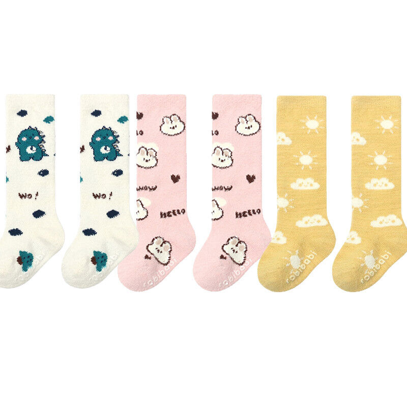 Kids Baby Girls Boys Fluffy Bed Slipper Socks 3 Pairs Anti Slip Grips Warm