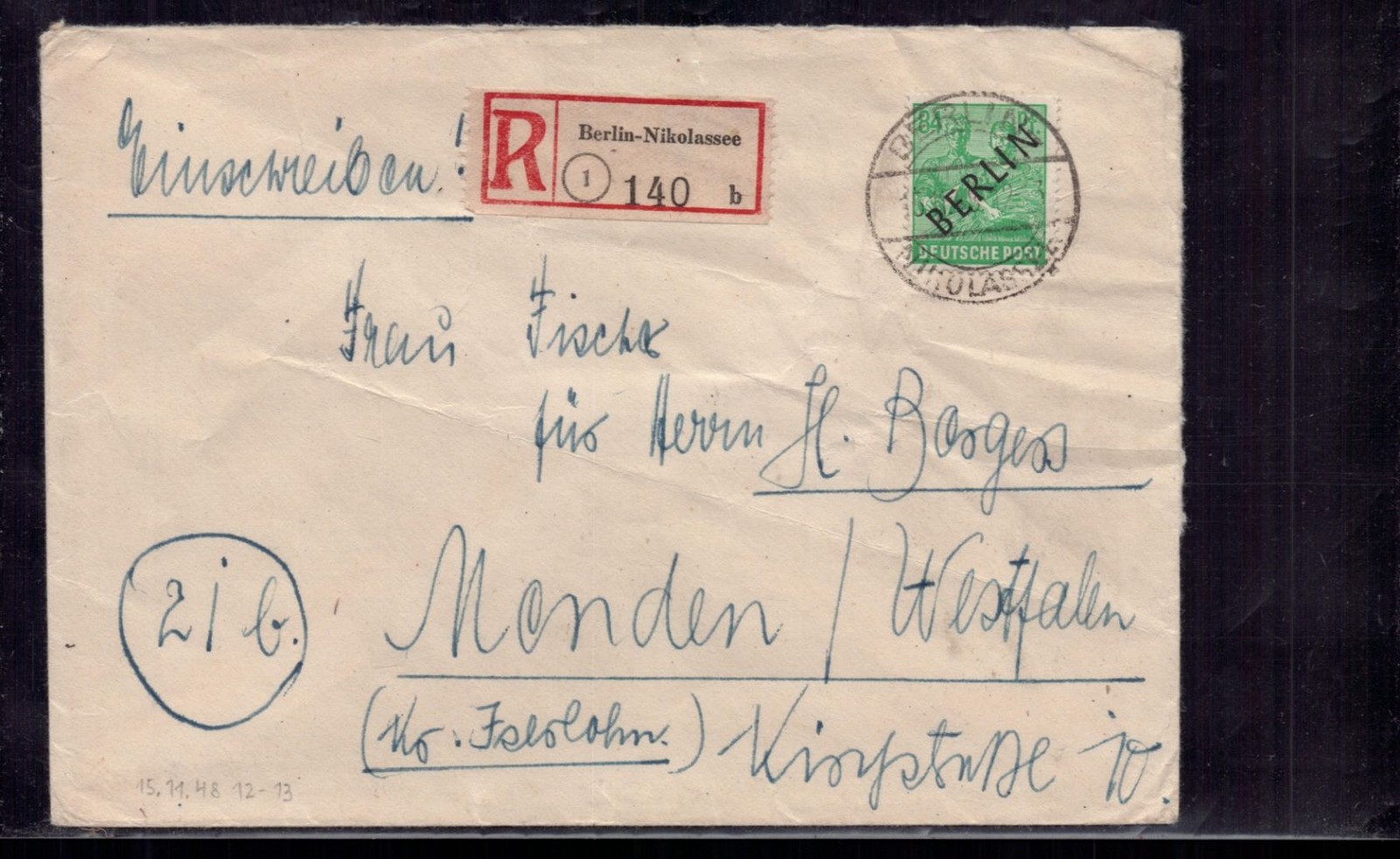 Berlin single franking, black overprint, Michel number 16, registered mail