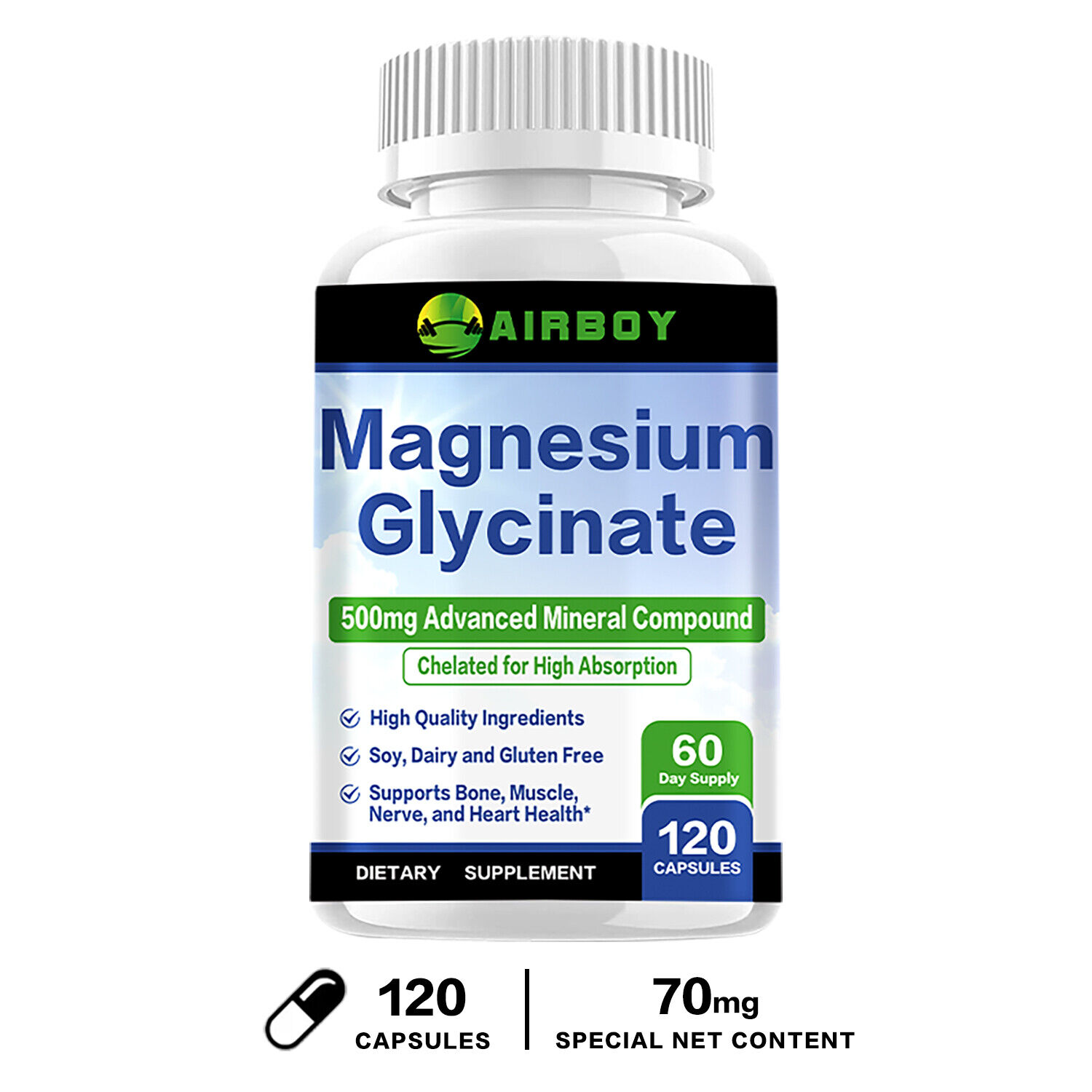 Glycinate De Magnésium 500 Mg - Absorption élevée, Aide Au Sommeil, Capsules Naturelles - Airboy