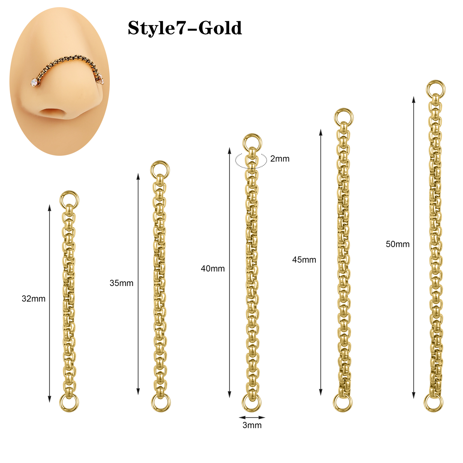 5Pcs Stainless Steel Nose Chain Double Nostril Piercing for Women Men Jewelry - Picture 83 of 104