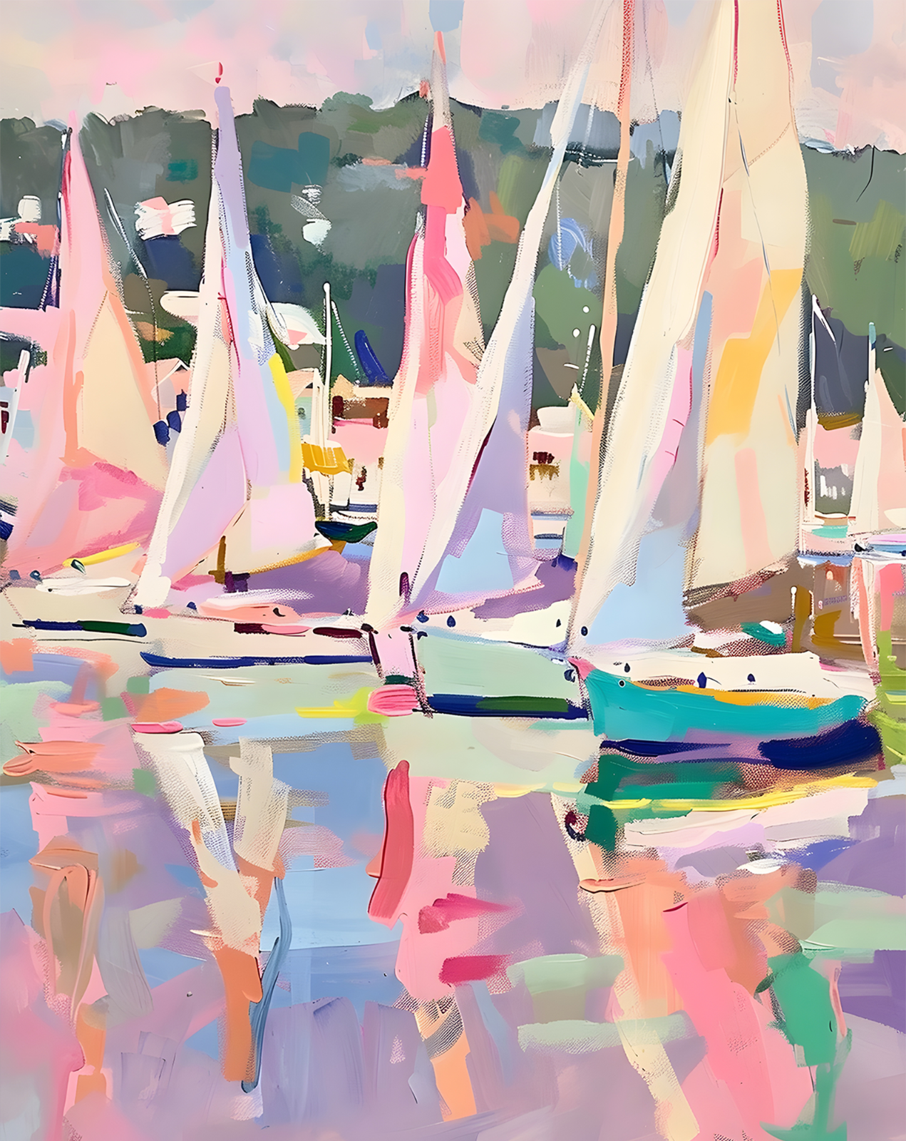 Pastel Sailboats at Harbor Abstract Poster Wall Art – 12X16/16X20/18X24/24X36